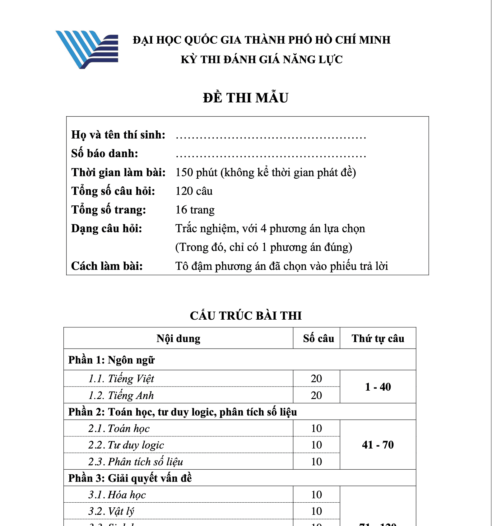 Đề thi mẫu kì thi đánh giá năng lực ĐHQG TP.HCM năm 2023 - Có đáp án